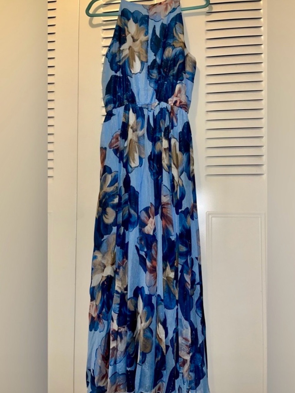 Alexa B Nites Blue Floral Mesh Halter Maxi Dress Rhinestone Buckle 12P - Picture 2 of 5
